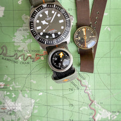 PDW A.G. Button Compass WCC Arrow, size compared to original Waltham WCC wrist compass from the Vietnam era