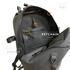 Detail of the keychain clip and inside zippered pocket on the PDW All Terrain Pack 24L