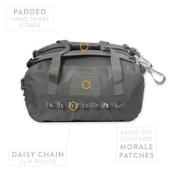 PDW All Terrain Duffel 45L side view showing padded haul handles and daisy chain webbing