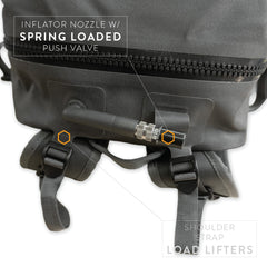 Close-up of All Terrain Pack 24L with a spring-loaded push valve inflator nozzle