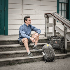 PDW Orion full zip merino wool hoodie jaeger blue made in Italy San Francisco Presidio steps
