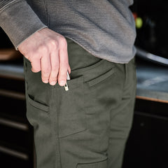 Dedicated EDC multi-tool and folding knife pocket on PDW Raider Field Pant Canvas+ Ranger Green