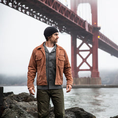 PDW Roam Suede Trucker Jacket Golden Gate Bridge handmade in San Francisco, CA USA