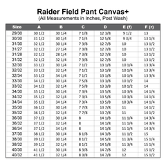 PDW Raider Field Pant Canvas+ size chart All Terrain Brown