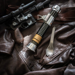 PDW titanium spork in field use with lightsaber and blaster — 28.3g full titanium construction 